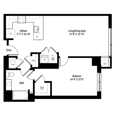 Floor plan for 1 bed, 1 bath, 871 sqft